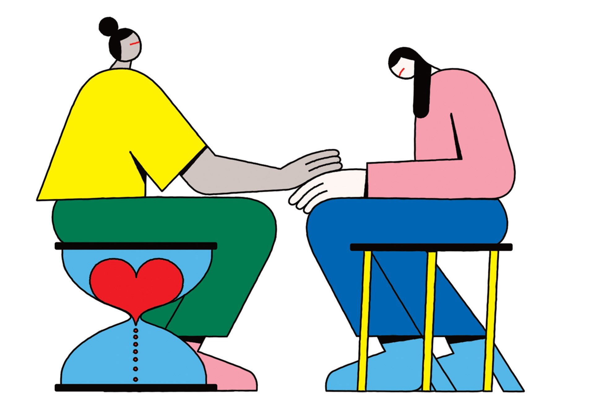 Illustration zweier Menschen stark abstrahiert und knallig bunt.