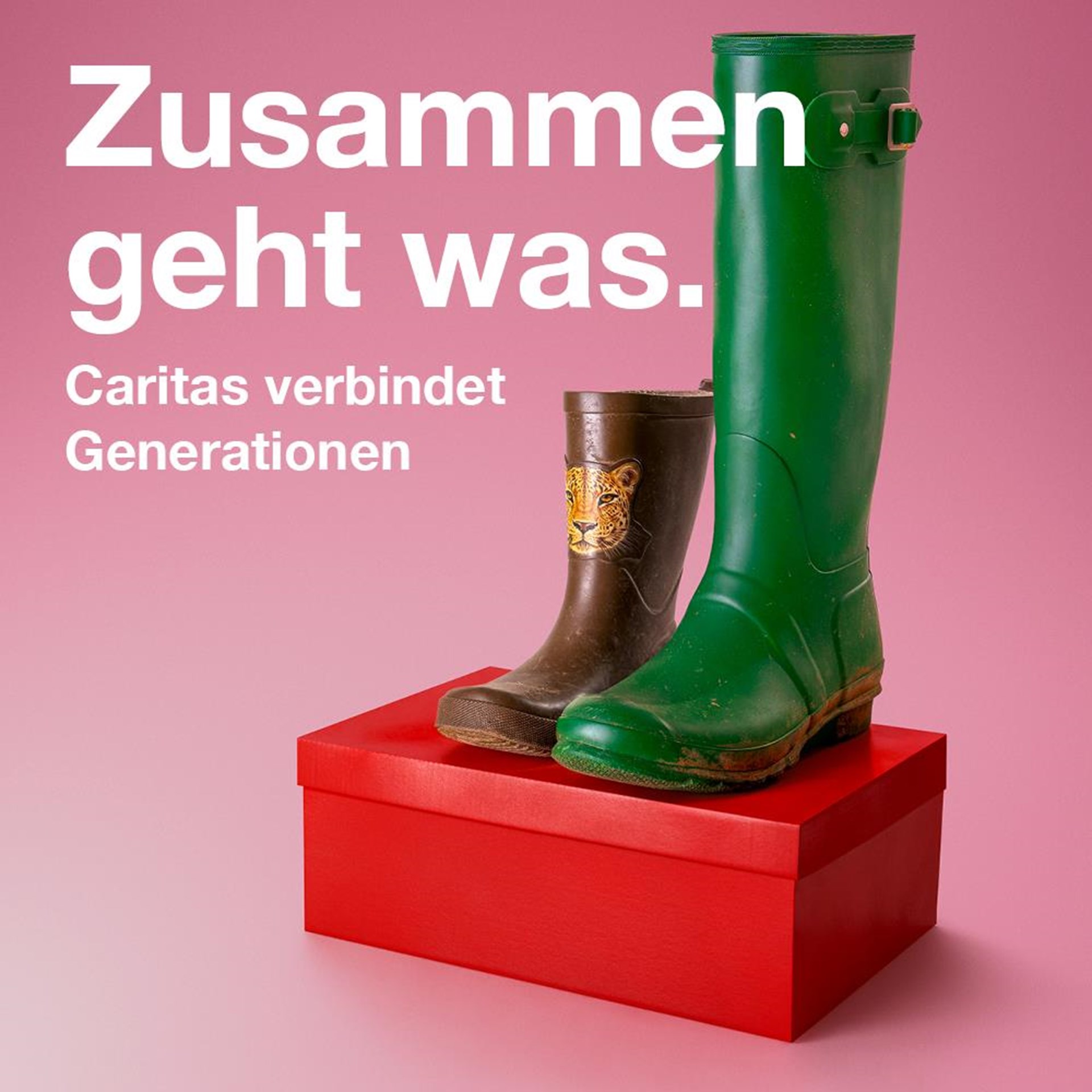 Auf einem roten Schuhkarton sind vor einem rosa Hintergrund ein Paar Gummistiefel zu sehen. Der linke Schuh ist ein brauner Kindergummistiefel mit einem Tigerkopf in kleiner Schuhgröße, der rechte ein hoher grüner Gummistiefel in großer Schuhgröße. Darüber steht das Kampagnenmotto: Zusammen geht was. Caritas verbindet Generationen.