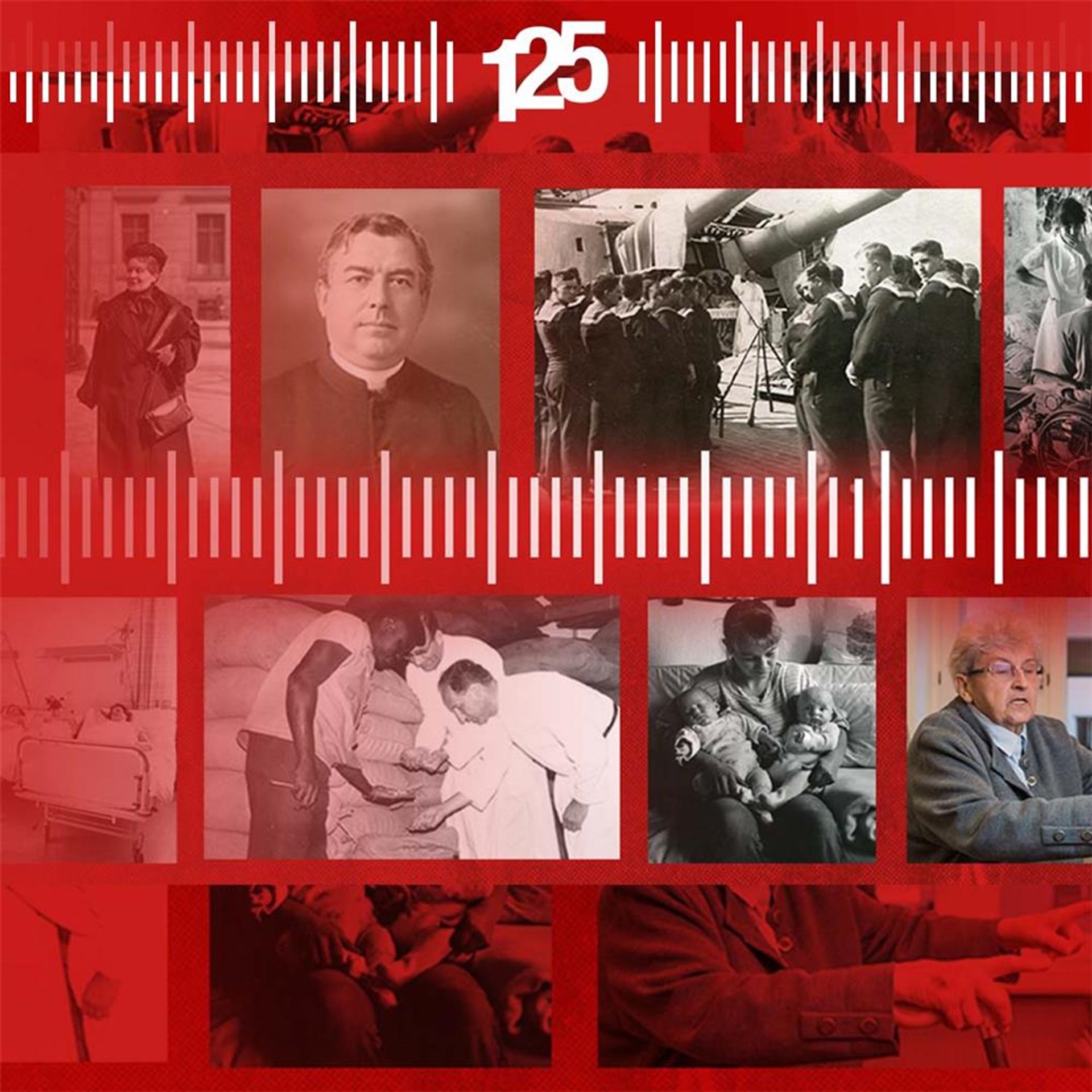 Collage aus historischen Schwarz-Weiß-Fotos, die verschiedene Szenen zeigen: Porträts, medizinische Behandlungen, Menschen, mit einer grafischen Zeitleiste.