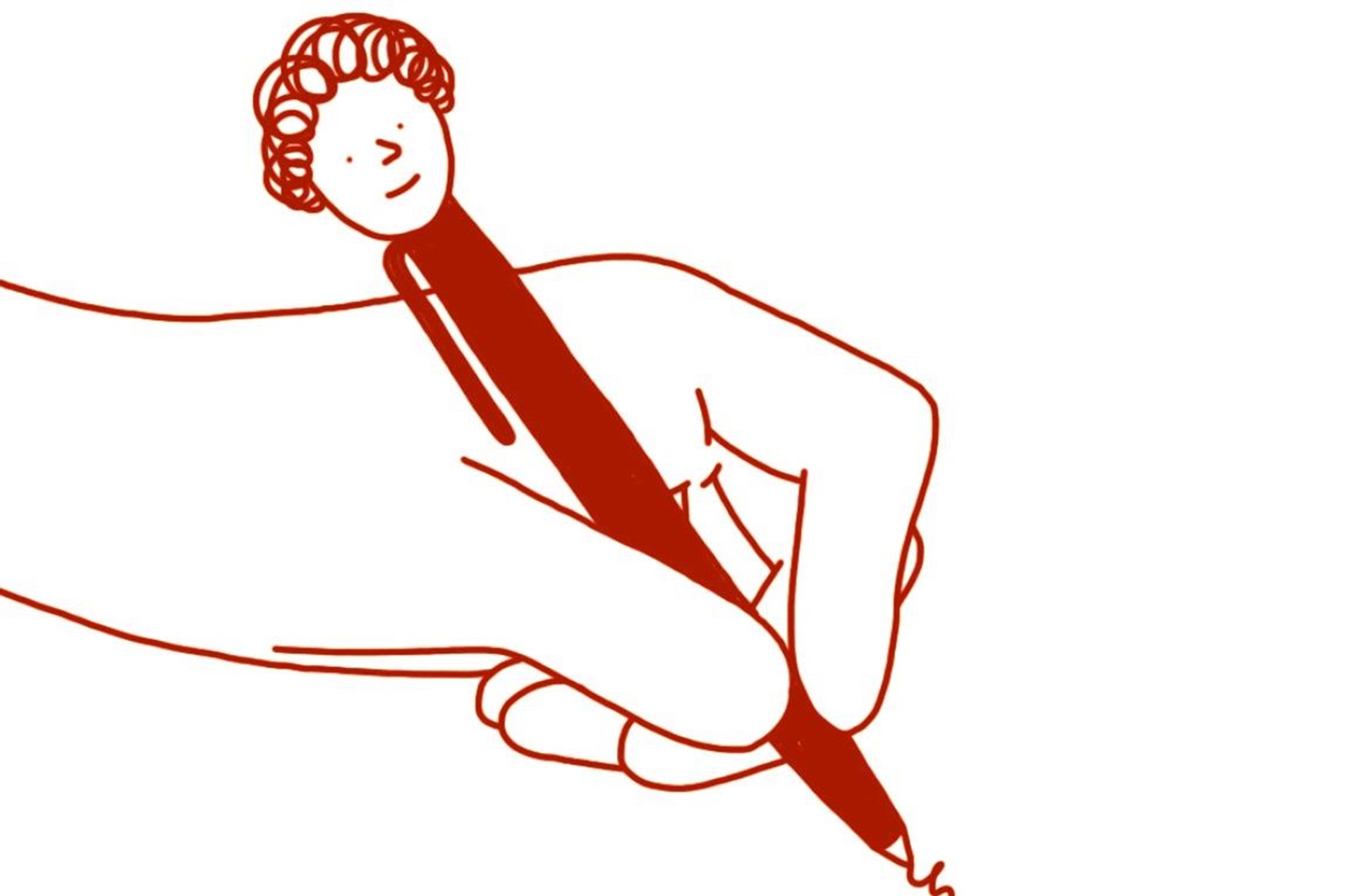 Eine Hand schreibt mit einem Stift, dessen oberes Ende als freundlicher Frauenkopf gestaltet ist.