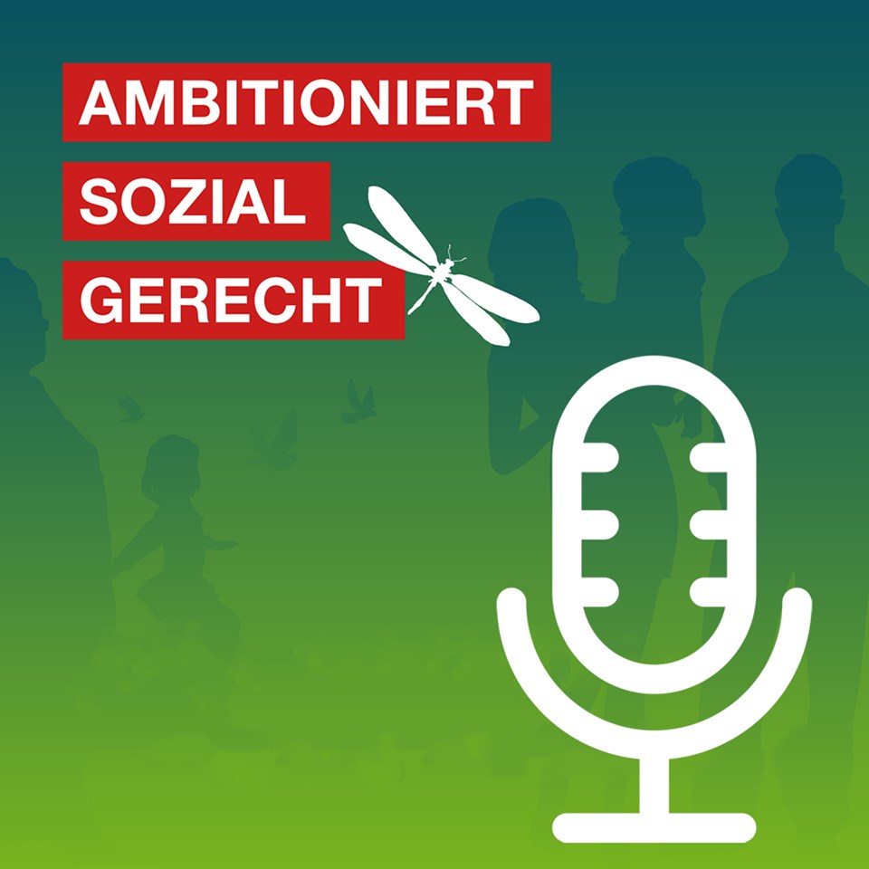 Logo mit dem Text 'Ambitioniert Sozial Gerecht' und einem Mikrofon-Symbol, das für soziale Themen steht.