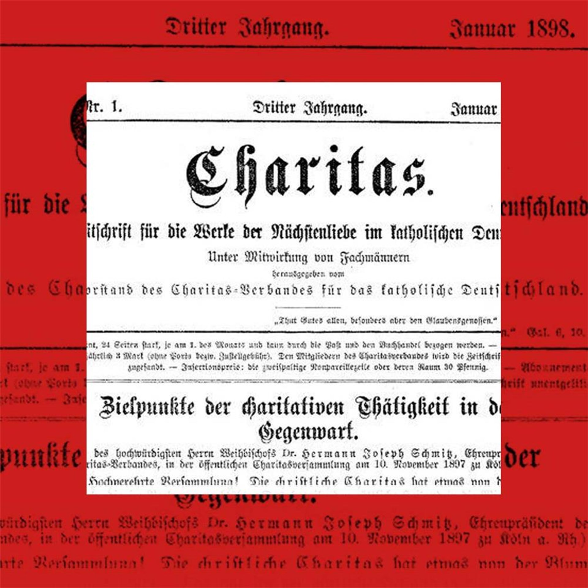 Titelblatt der Zeitschrift 'Charitas', Januar 1898, mit dem Fokus auf den Titel und den Untertitel über die Werte der Nächstenliebe im katholischen Deutschland.