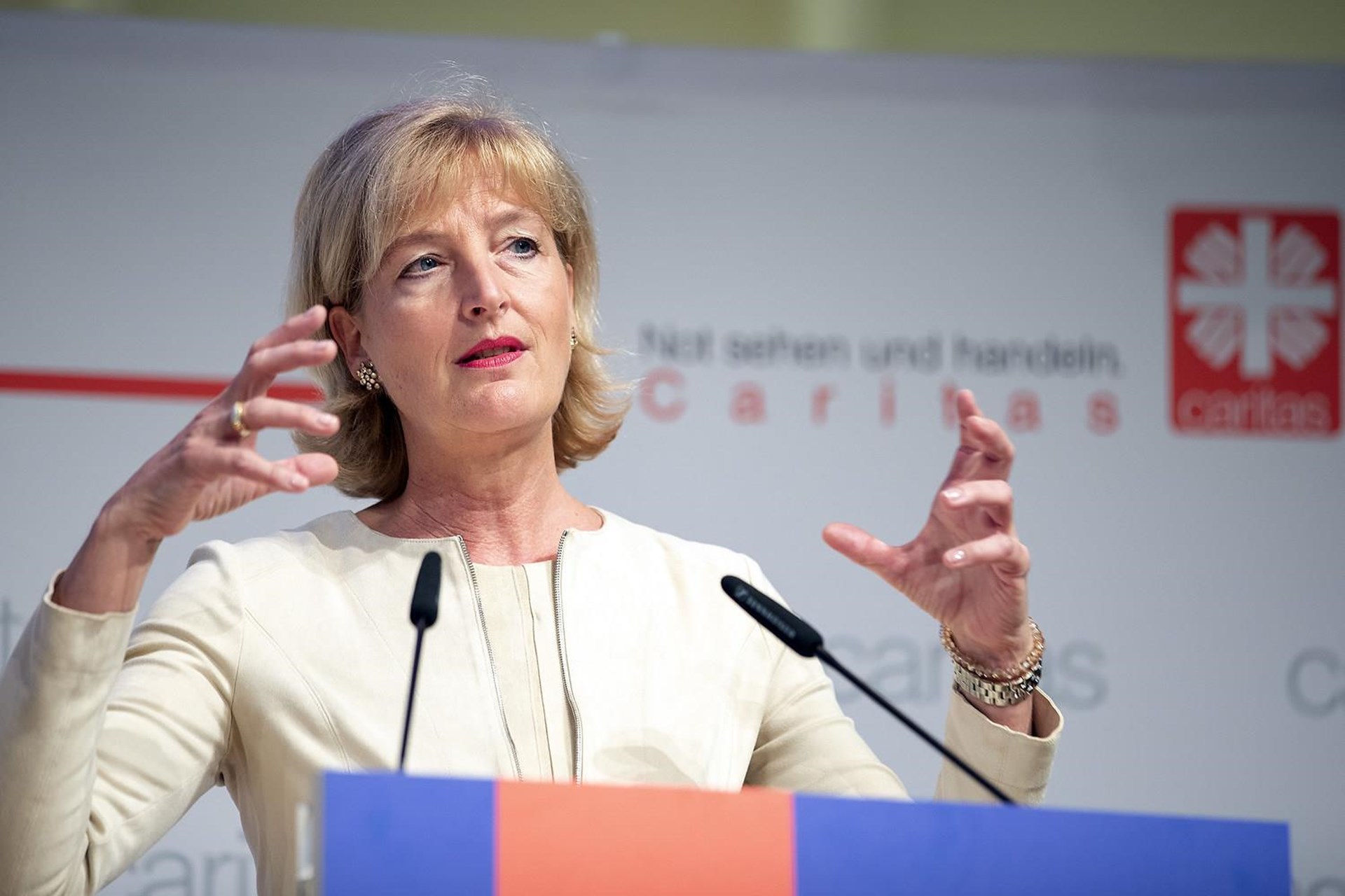 Frau hält gestenreichen Vortrag auf dem Caritaskongress