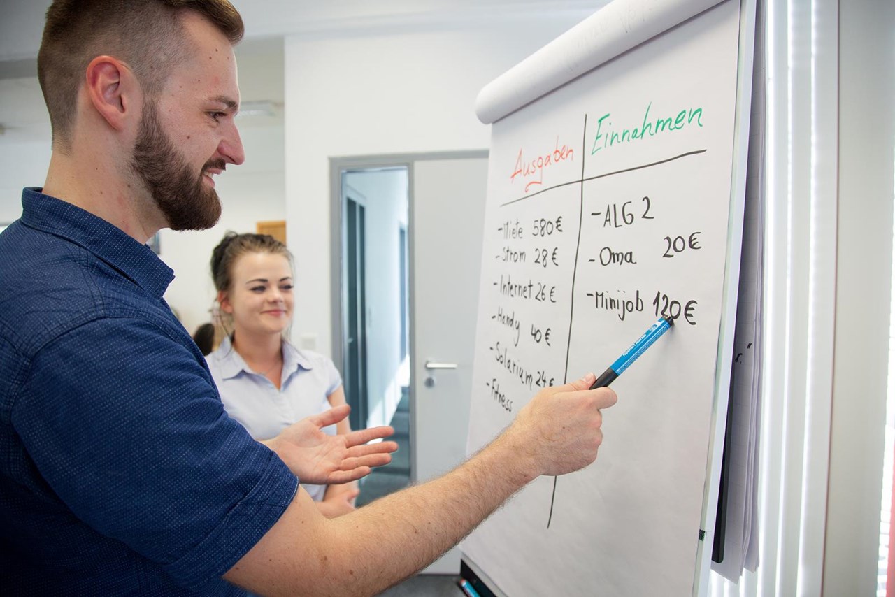 Mann erklärt an Flipchart mit Auflistung von Einnahmen und Ausgaben, während eine Frau im Hintergrund zuschaut.