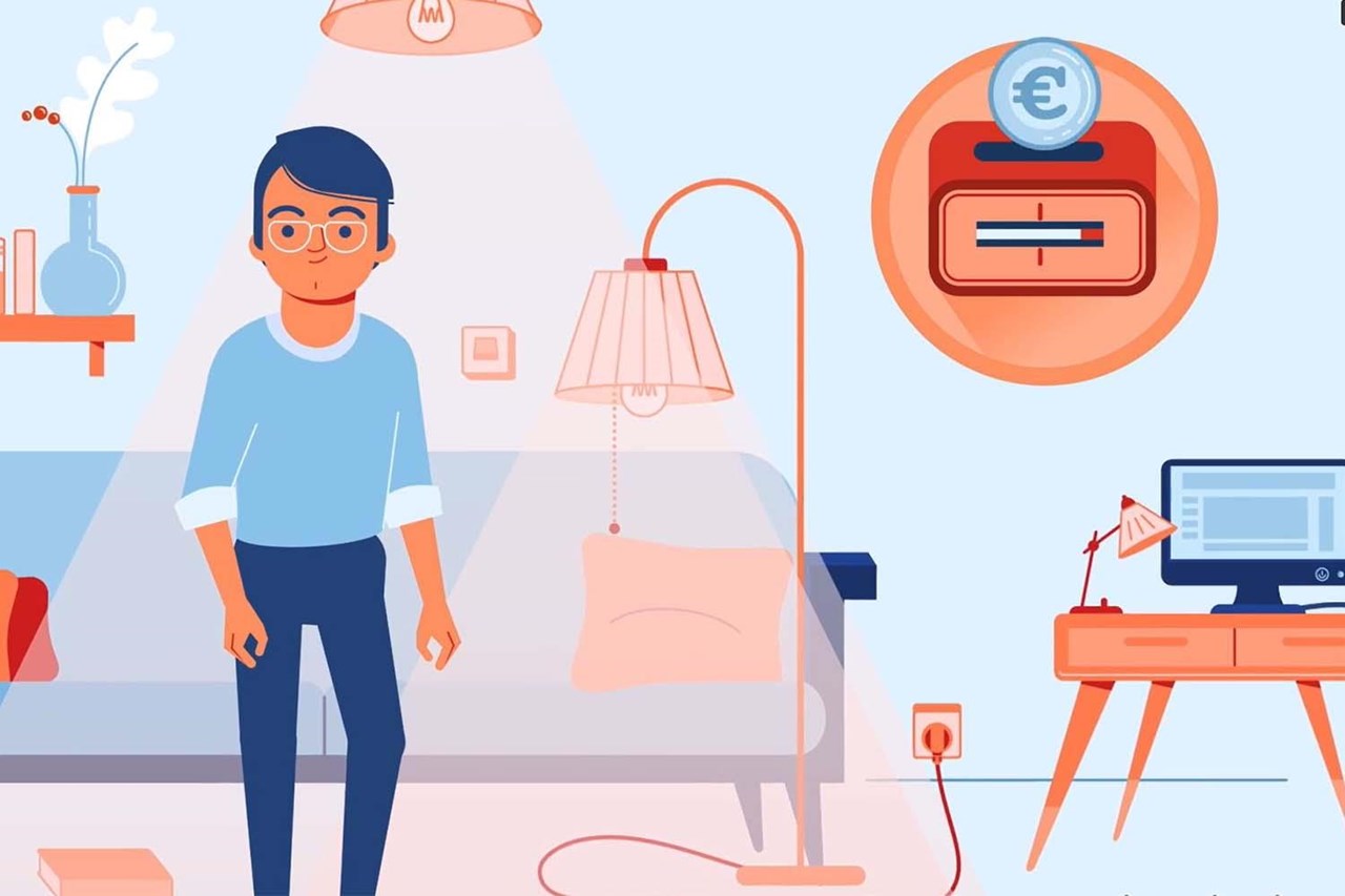 Illustration von einem Mann mit Brille, der in einem Wohnzimmer mit verschiedenen Stromquellen steht