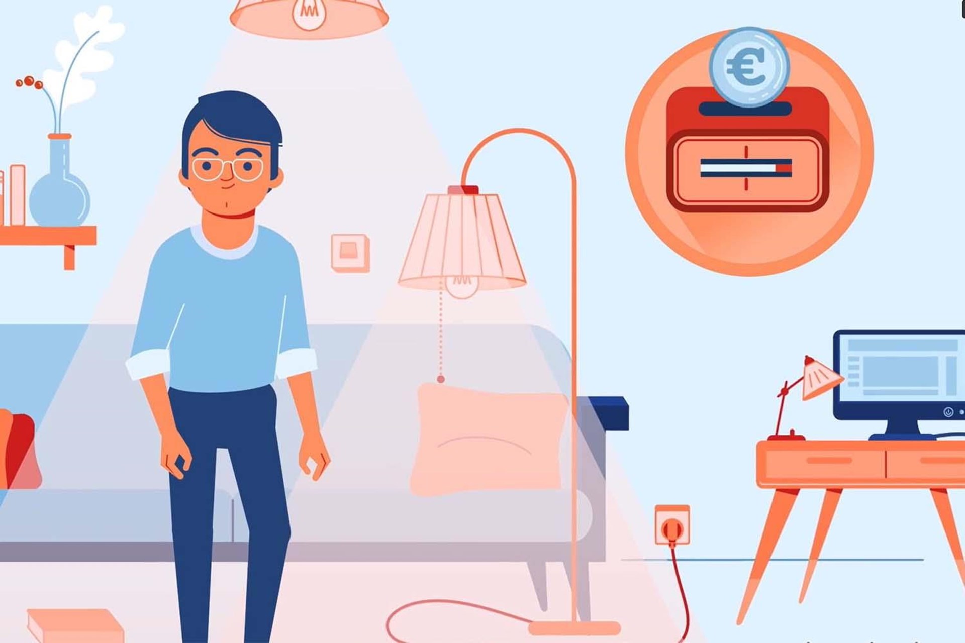 Illustration von einem Mann mit Brille, der in einem Wohnzimmer mit verschiedenen Stromquellen steht