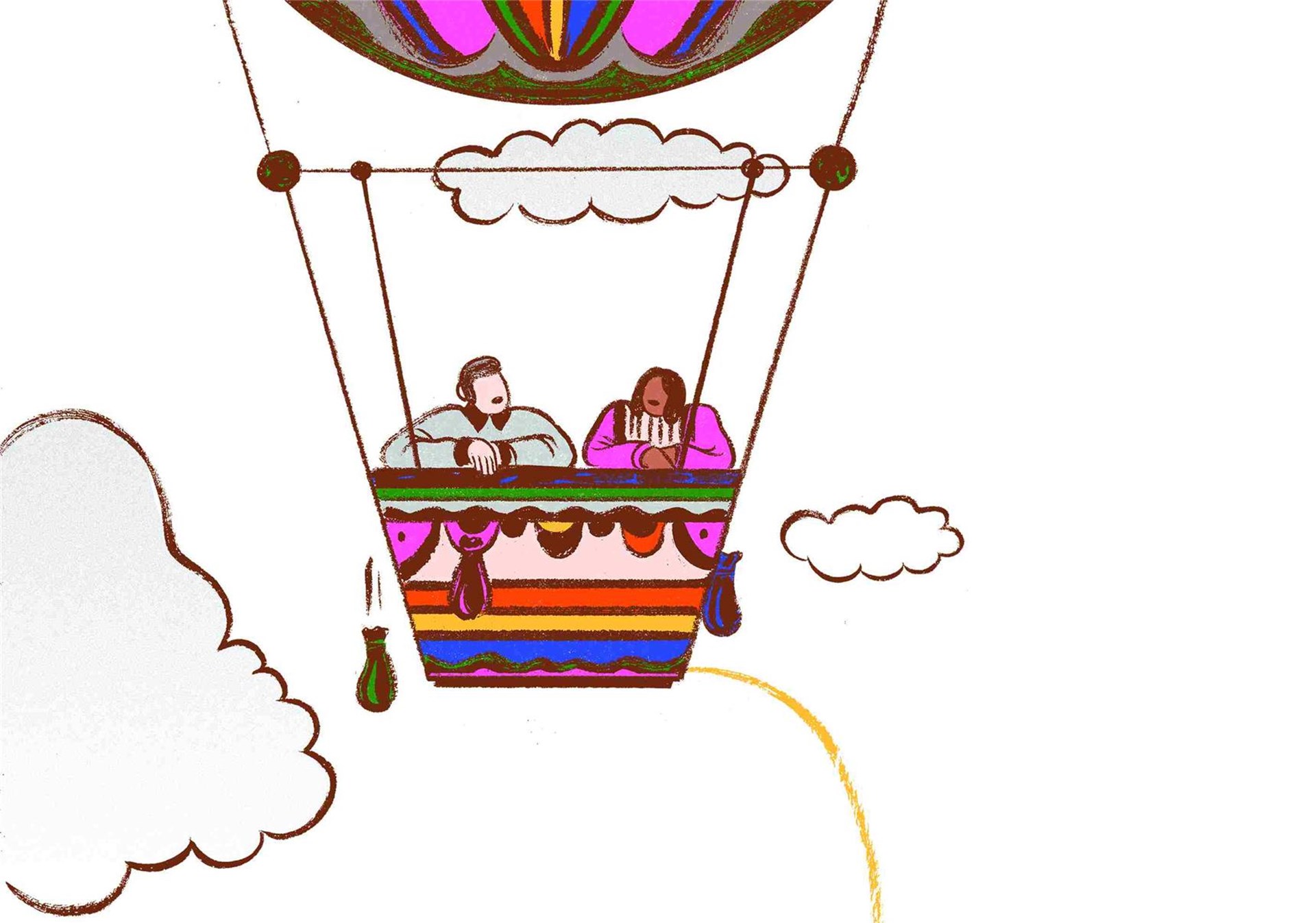 Die bunte Zeichnung zeigt die Gondel eines Heißluftballons. Während die beiden Passagiere miteinander reden, lösen sich Sandsäcke und fallen in die Tiefe.