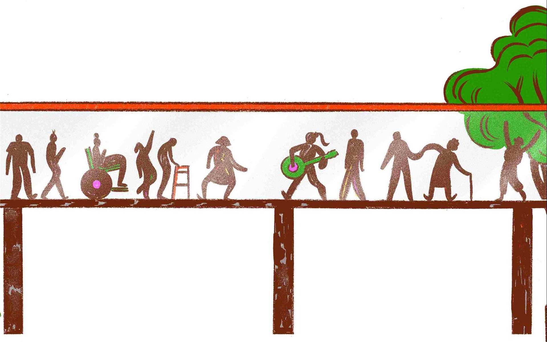 Menschen überqueren eine überdachte Brücke, teils mit heiteren Aktionen wie Musizieren, Tanzen und Spazieren.