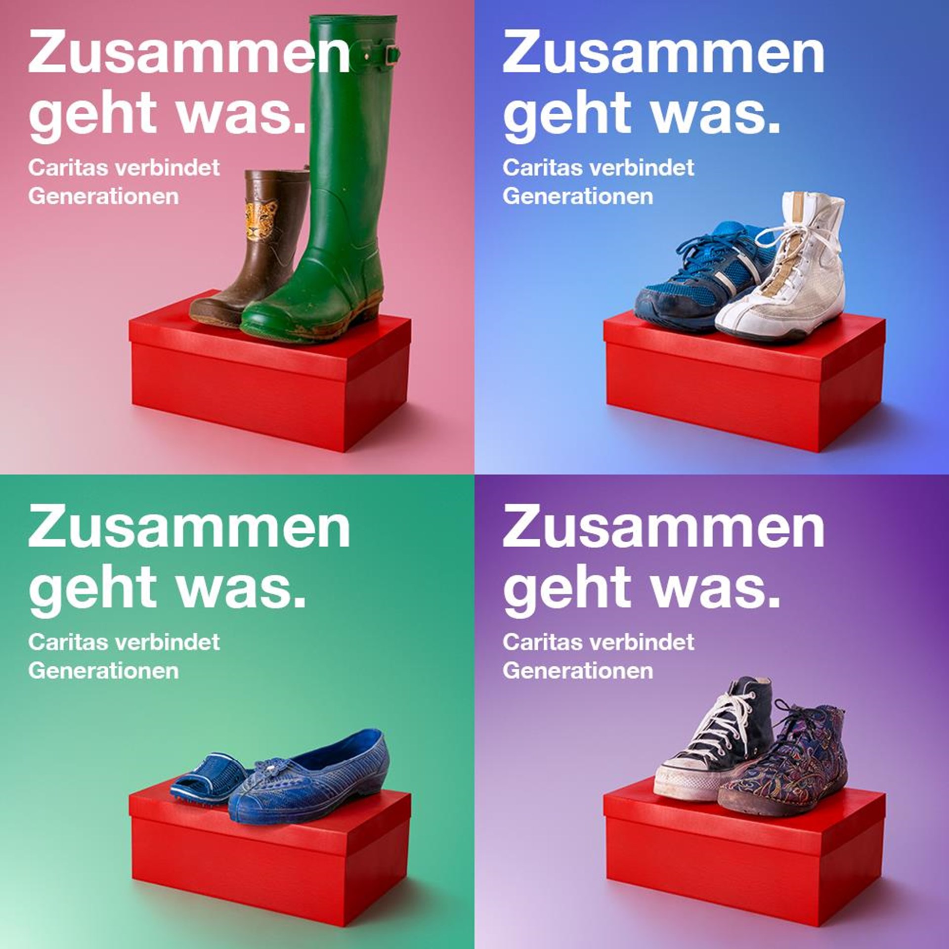 Das Plakat ist in vier Kacheln unterteilt, auf denen jeweils der rote Schuhkarton mit einem Paar verschiedener Schuhe zu sehen ist. Oben v. l.:  kleiner und großer Gummistiefel vor rosa Hintergrund, zwei Sportschuhe vor blauem Hintergrund. Unten v. l.: zwei blaue Schuhe vor grünem Hintergrund, Turnschuh und Damenschuh vor lila Hintergrund.