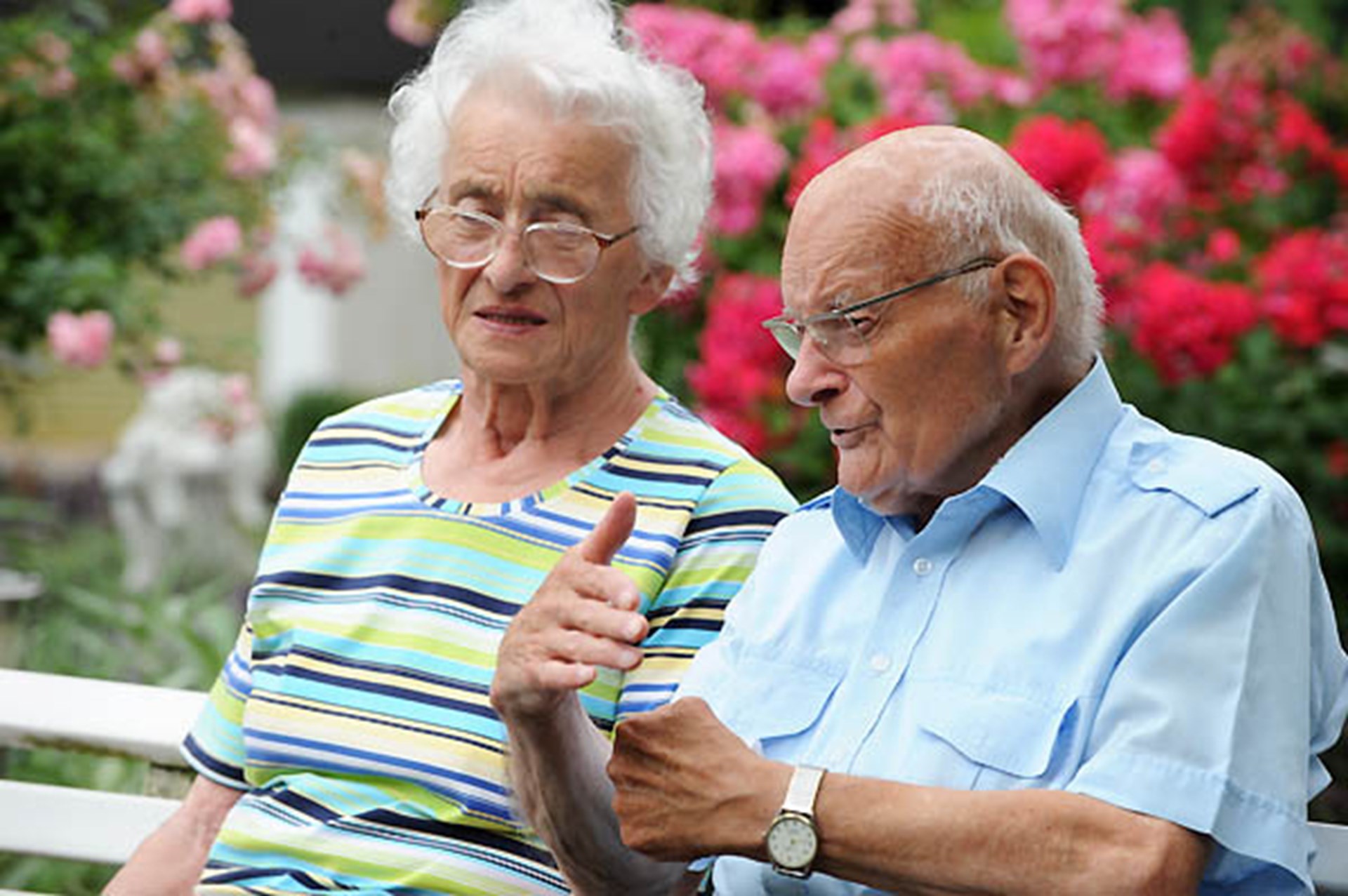 Älteres Paar sitzt auf einer Bank im Garten, der Mann spricht und gestikuliert, die Frau hört zu.