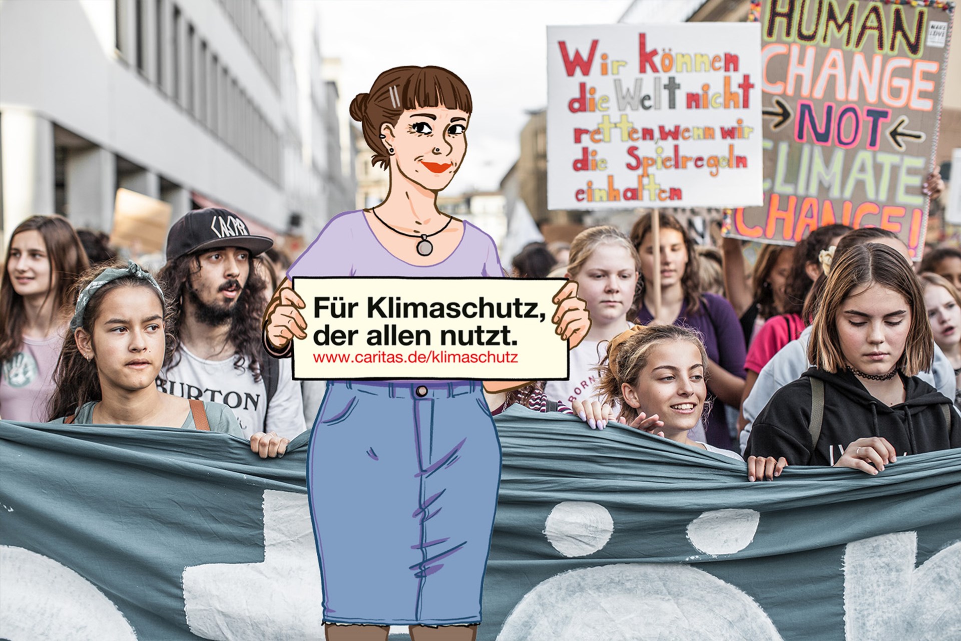 In einer Illustration führt eine riesige Frau eine Demonstration an.
