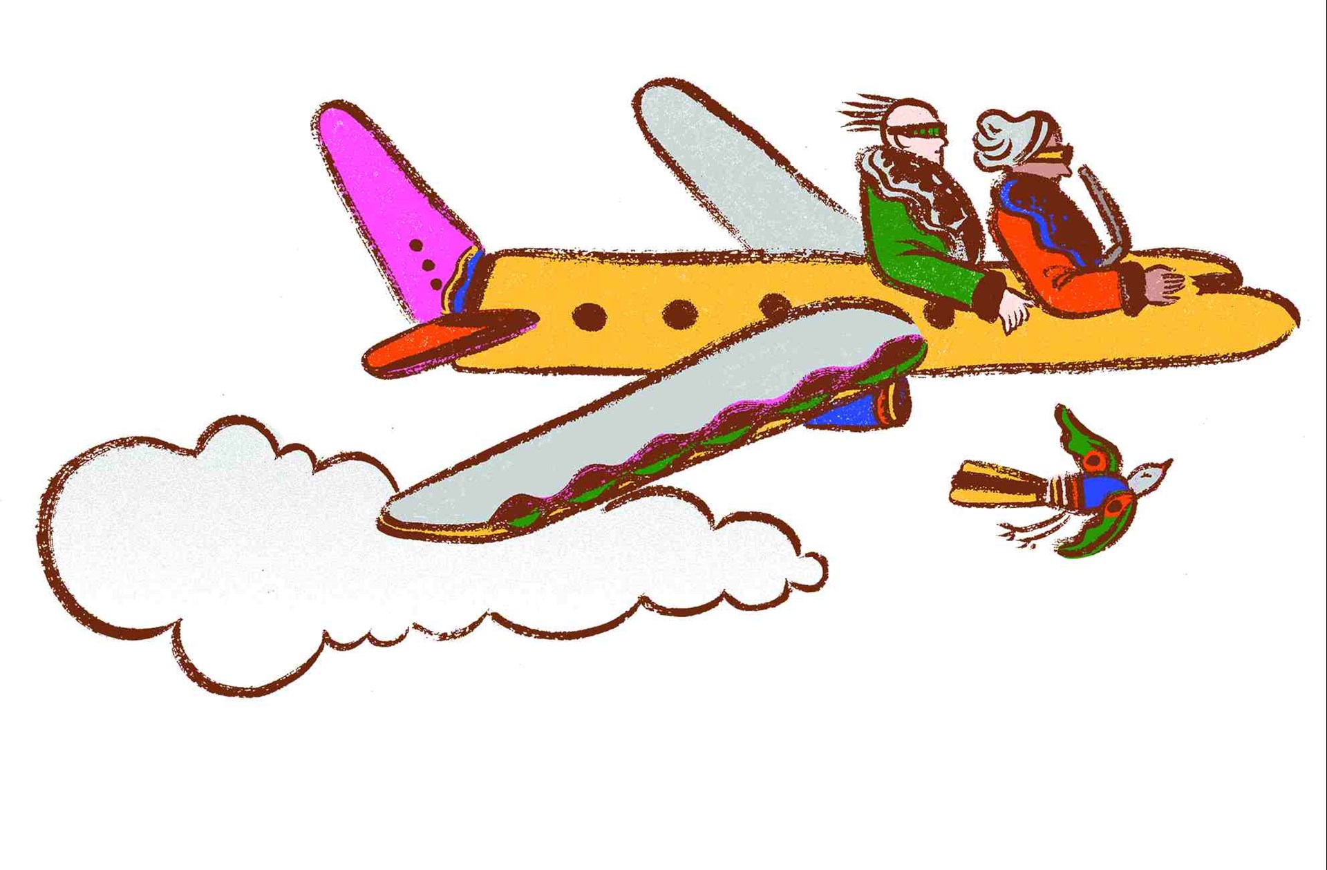 Die bunte Zeichnung zeigt ein altmodisches Sportflugzeug mit zwei Passagieren im Flug.