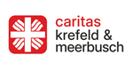 Logo der Caritas für Krefeld und Meerbusch. Kombination aus Bild - das rot-weiße Flammenkreuz der Caritas - und Textteil, 