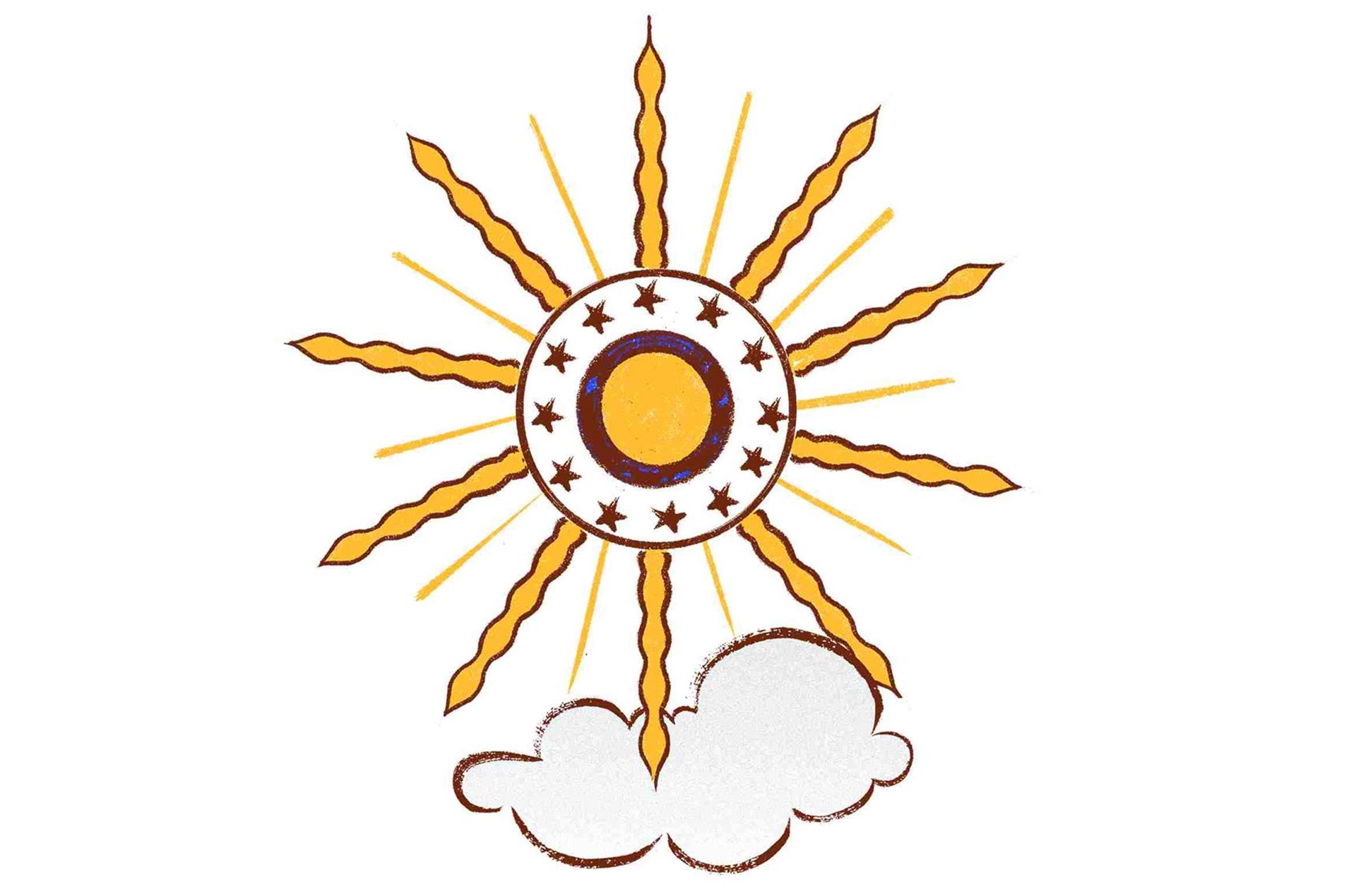 Die Zeichnung zeigt eine strahlende Sonne über einer kleinen Wolke. In der Sonne sind Sterne wie auf der EU-Fahne angeordnet.