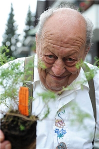 Älterer Mann mit Kräutern zum einpflanzen in der Hand