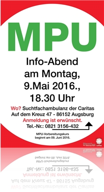 Das Plakat weist auf den Info-Abend der Caritas-Suchtfachambulanz Augsburg am 9. Mai 2016 um 18.30 Uhr hin. 