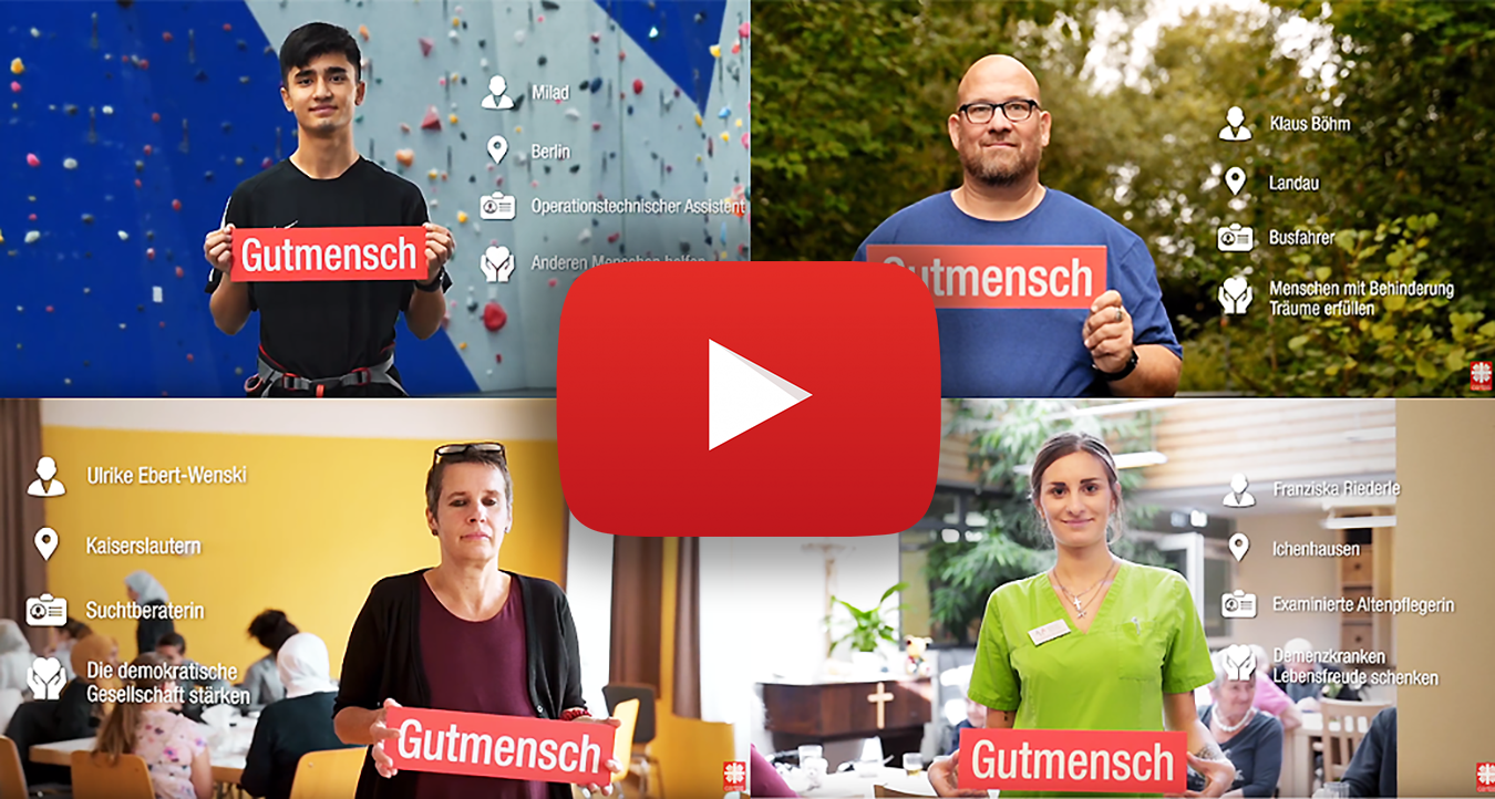 Vorschaubilder zu den Videoclips der Plakatprotagonisten der Caritas-Jahreskampagne 2020