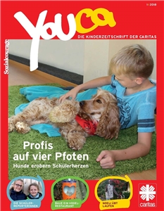 Cover Youca 1/2018 Kind kuschelt mit Therapiehund in einer therapeutischen Schülerhilfe.