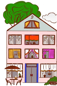 Die bunte Zeichnung zeigt ein dreistöckiges Wohnheim in einer in Deutschland verbreiteten Bauweise.