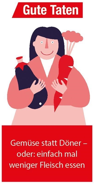 Die grafische Zeichnung zeigt eine Kundin mit einer großen Aubergine und einer großen Möhre im Arm.