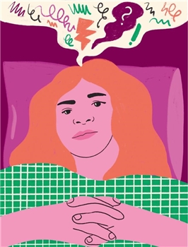 Eine Patientin mit seelischer Erkrankung verbirgt sich unter der Bettdecke (Grafische Zeichnung).